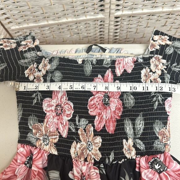 SHEIN LUNE Off Shoulder Frill Trim Shirred Black Floral Dress size small women’s - Picture 9 of 9